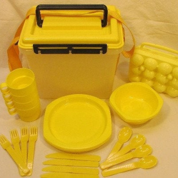durable vintage camping picnic set hard yellow plastic plates cups